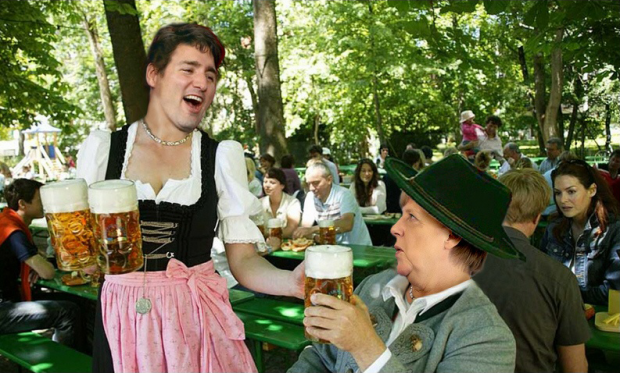 JUSTIN TRUDEAU SERVING ANGELA MERKEL SOME BEER IN GERMANY